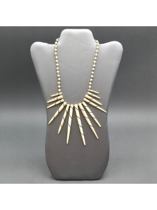 Estate Jewelry - Vintage Batik Style Carved Bone Spike Necklace 16" Ethnic Tribal Horn Bib